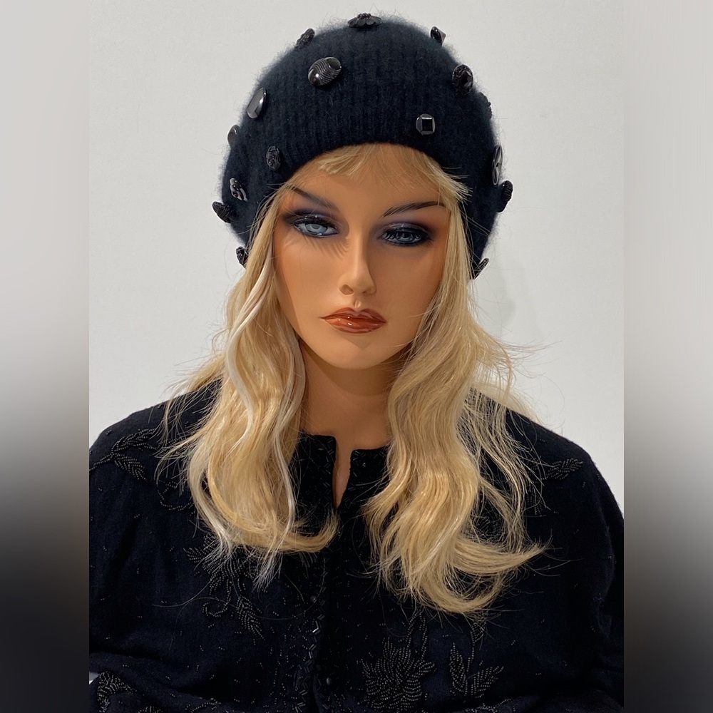 Black angora wool beret with buttons!